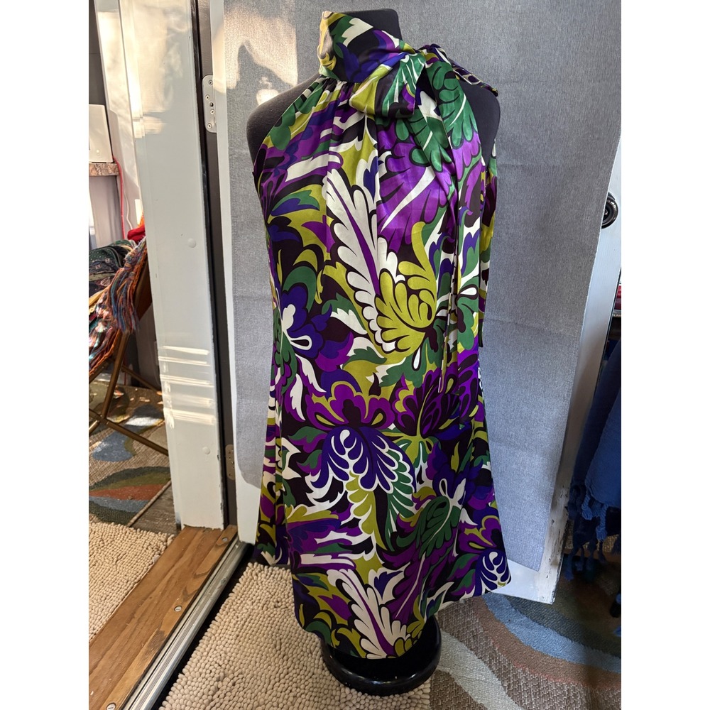 Eliza J New York Retro Floral Halter Neck Tie Shift Dress Purple Green